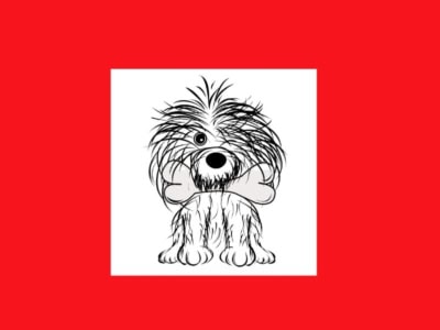 A cartoon drawing of a dog, in a white square on top of a red background.