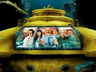 The cast of The Life Aquatic, underwater in a yellow submarine.
