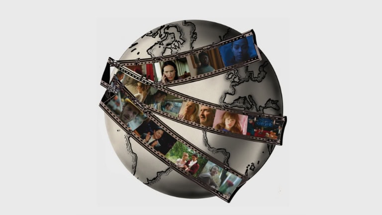 A globe wrapped with images in the style of a film reel.